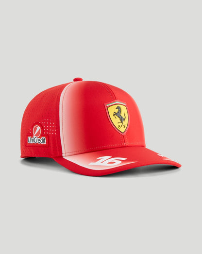 Red Scuderia Ferrari team Leclerc youth cap with curved brim, Ferrari crest on front and HP patch on the side.
