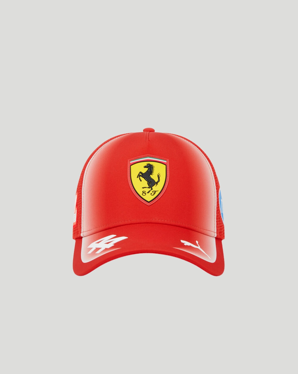 Red Scuderia Ferrari Junior Team Hamilton truck cap with Ferrari shield crest on the front.