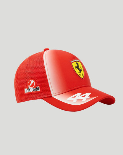 Red Scuderia Ferrari Junior Team truck cap with Ferrari shield on the front and a white 44 on the brim