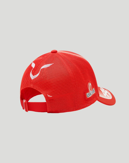Rear view of a red Ferrari truck cap with white mesh panels and an adjustable strap
