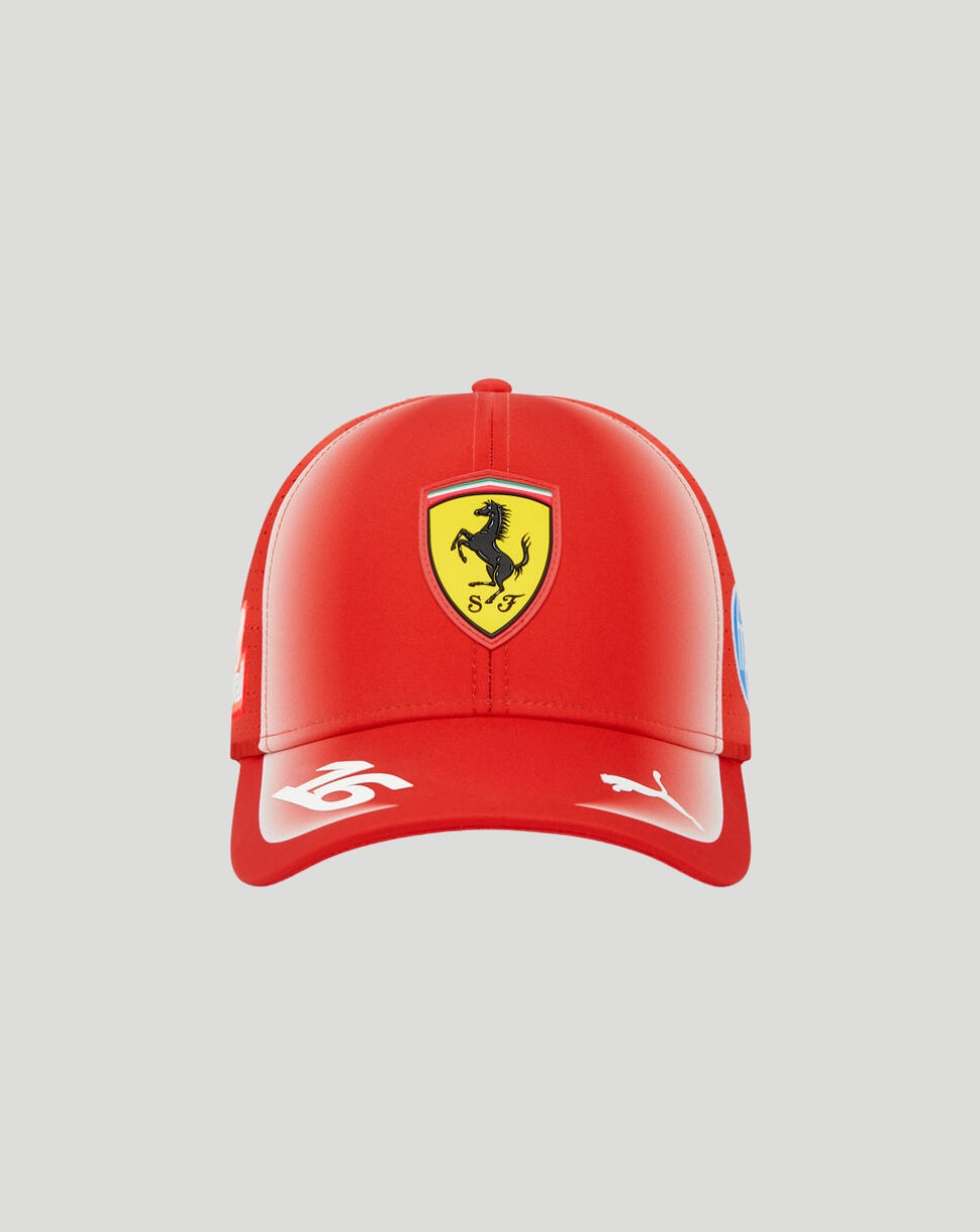 Red Scuderia Ferrari junior cap with yellow shield emblem centered on the front