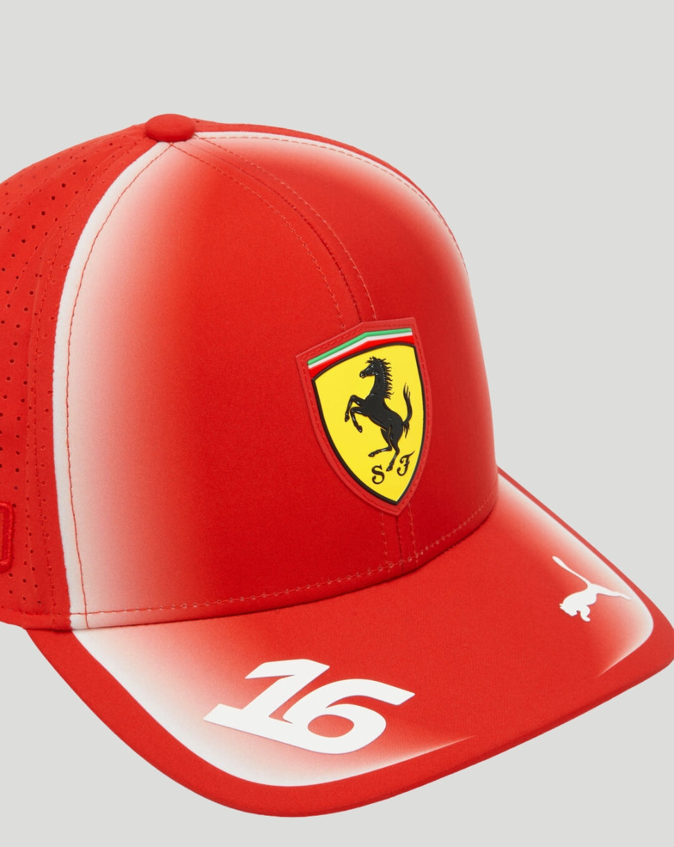 Front angled close up showing the Ferrari shield badge and white 16 on the brim