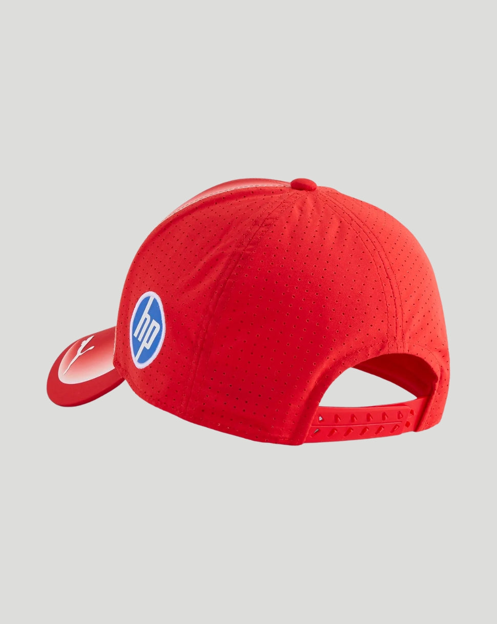 Rear view of red Scuderia Ferrari Junior Team cap showing perforated panels and an adjustable strap with the HP logo on the side