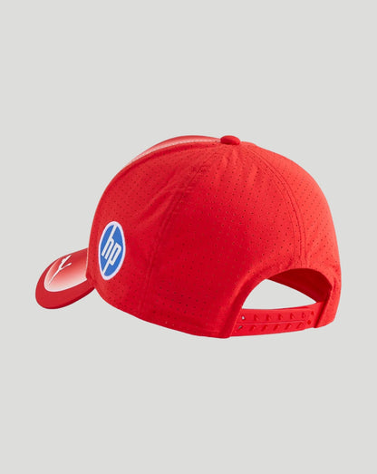 Rear view of red Scuderia Ferrari Junior Team cap showing perforated panels and an adjustable strap with the HP logo on the side