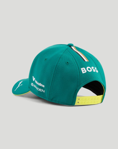 Back view of green Aston Martin F1 cap showing BOSS branding and yellow adjustable strap