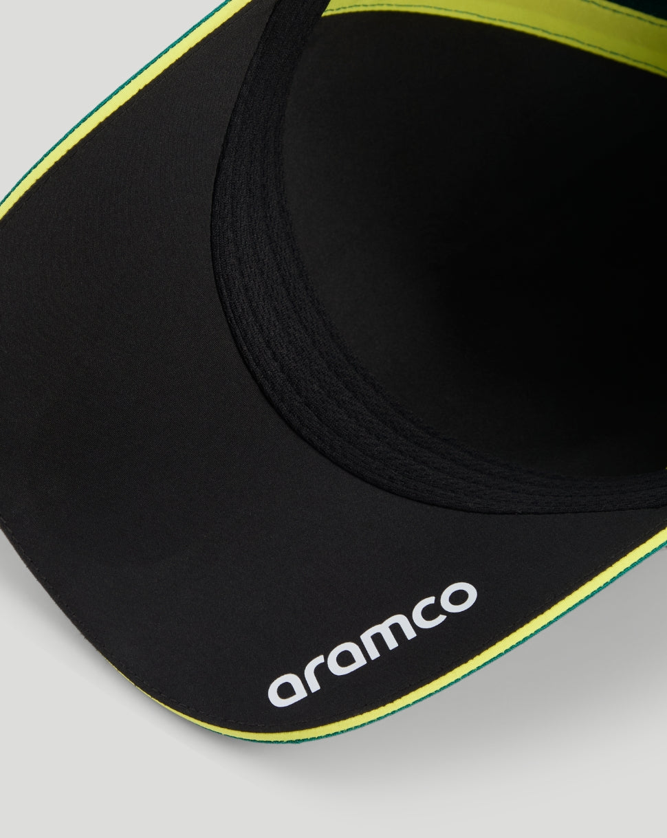 Black cap brim with neon green and yellow edge and aramco branding
