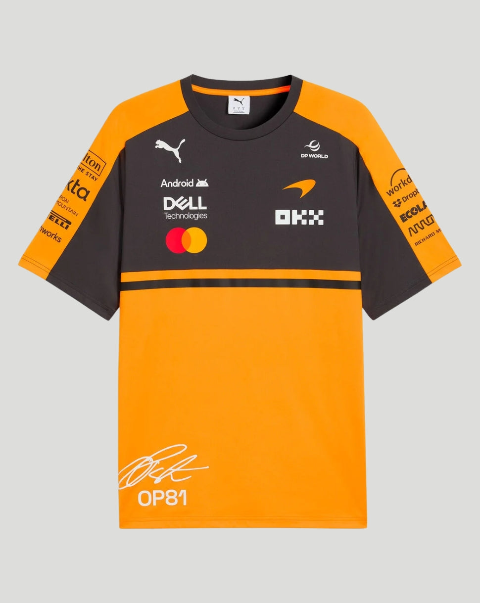 Front view of McLaren Men's Team Piastri T Shirt in Papaya with orange sleeves and dark body and large 81 on the front