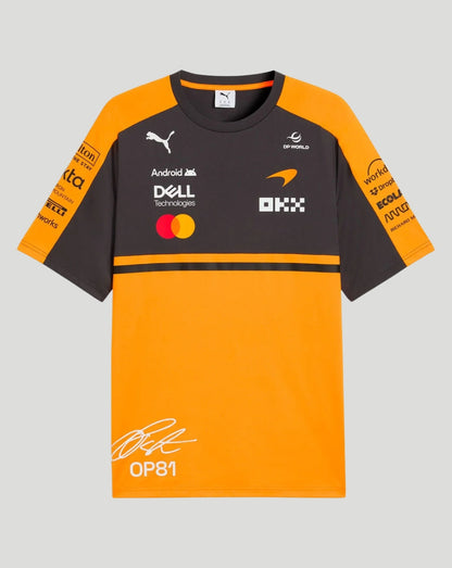 Front view of McLaren Men's Team Piastri T Shirt in Papaya with orange sleeves and dark body and large 81 on the front