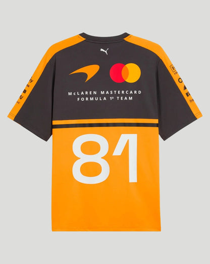 Back view of McLaren Men's Team Piastri T Shirt Papaya with large white 81 on the orange lower panel