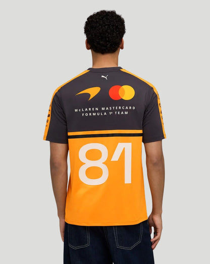 Back view of McLaren Men's Team Piastri T-Shirt in Papaya with large 81 and branding.