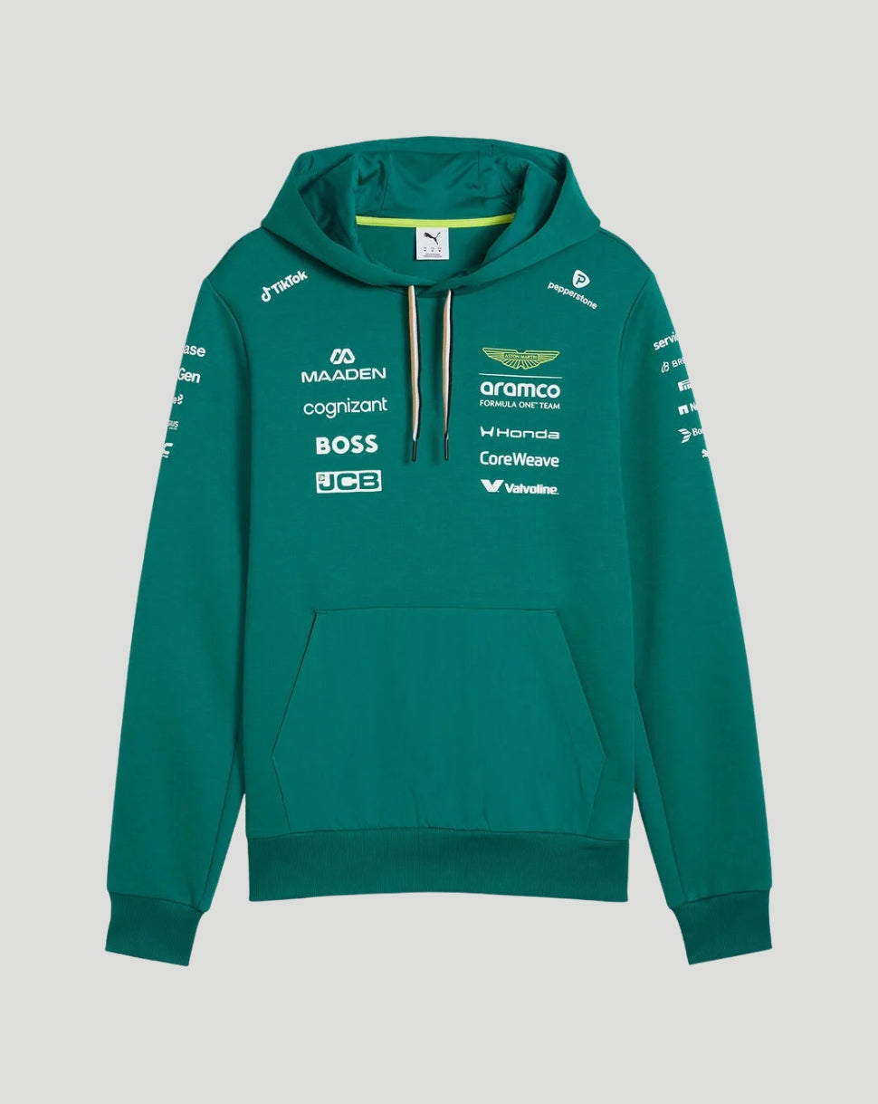 Front view of green Aston Martin F1 team hoodie with sponsor logos across chest