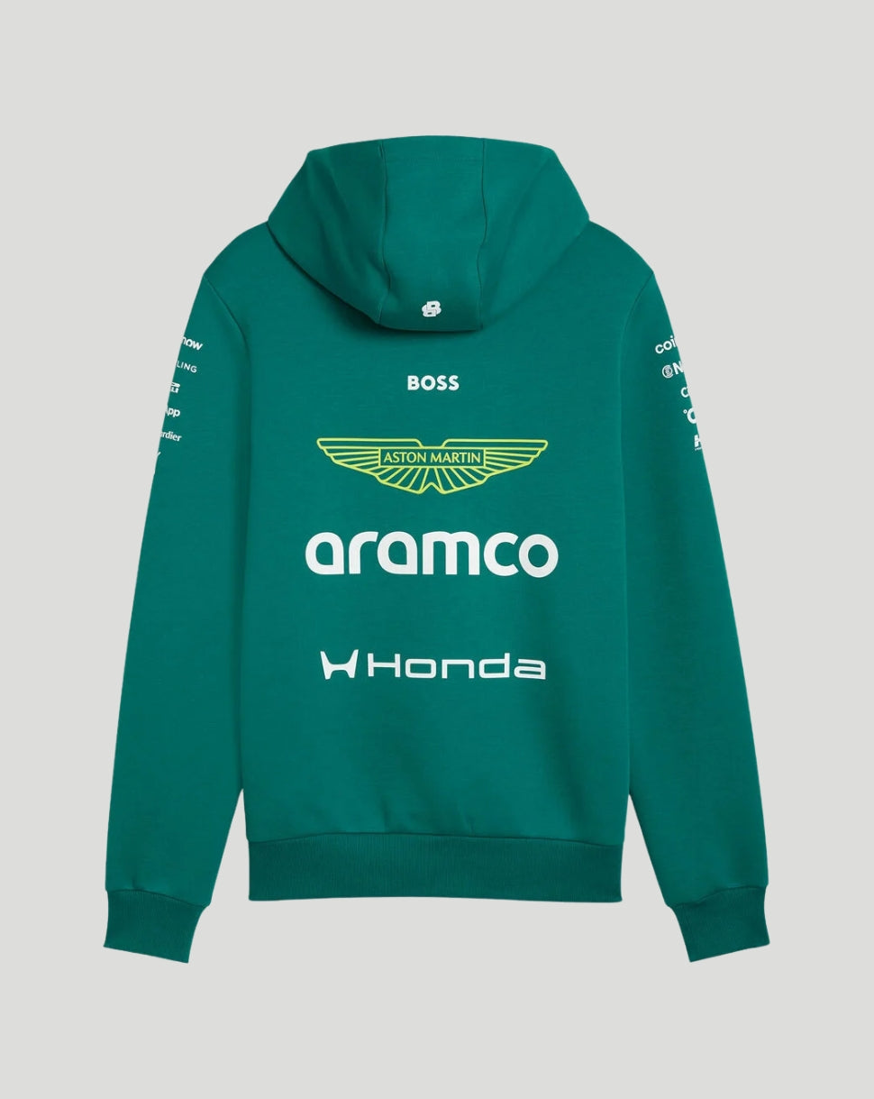 Back view of green Aston Martin F1 team hoodie with large sponsor logos