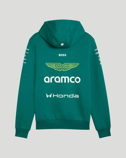 Back view of green Aston Martin F1 team hoodie with large sponsor logos