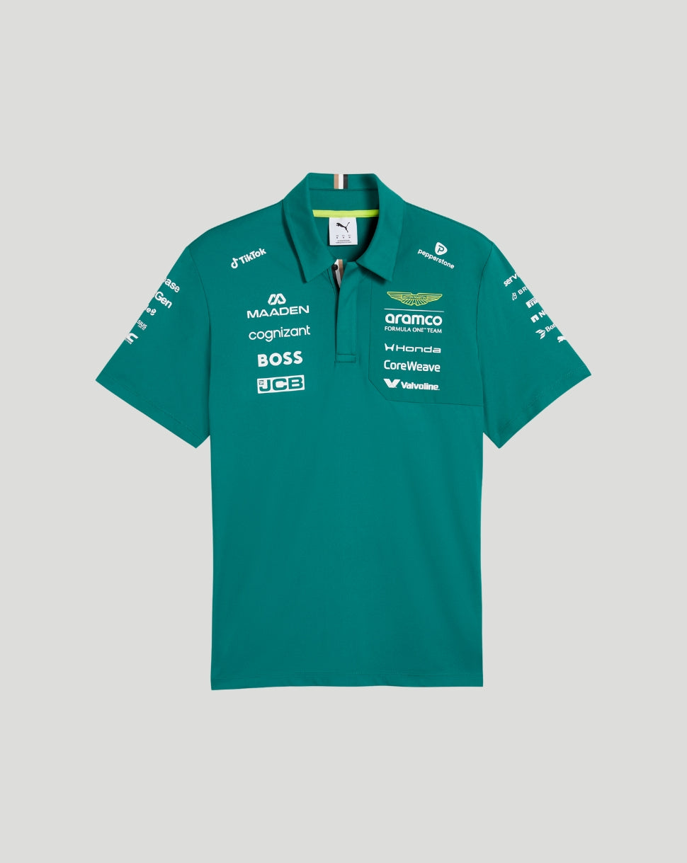 Front view of green Aston Martin F1 Team Polo with numerous sponsor logos on the chest