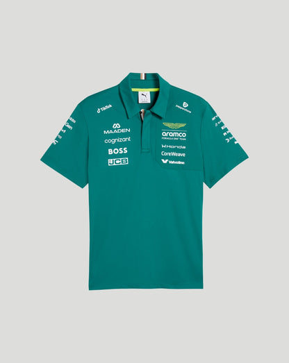 Front view of green Aston Martin F1 Team Polo with numerous sponsor logos on the chest