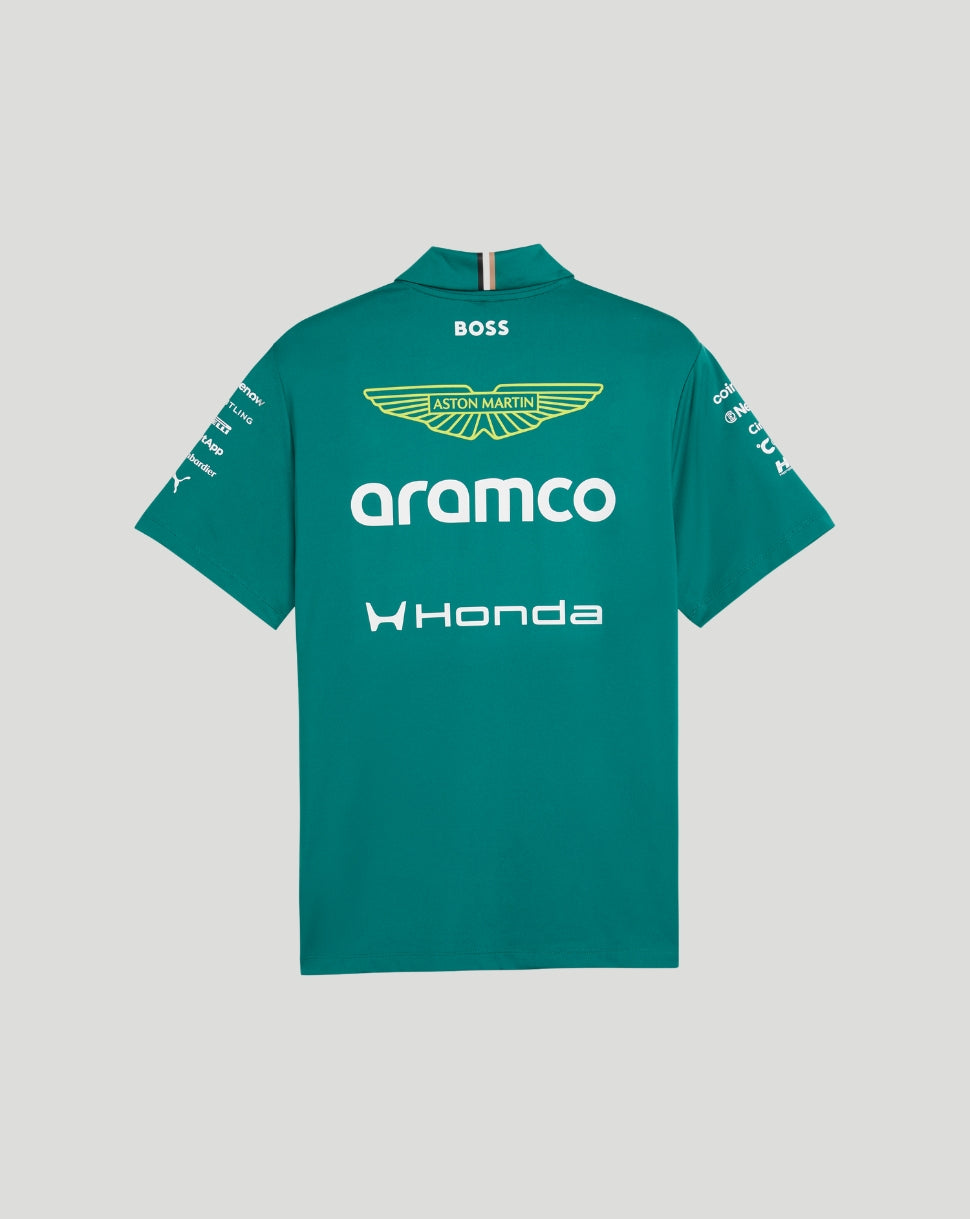 Back view of green Aston Martin F1 Team Polo showing the Aston Martin wings logo and sponsors
