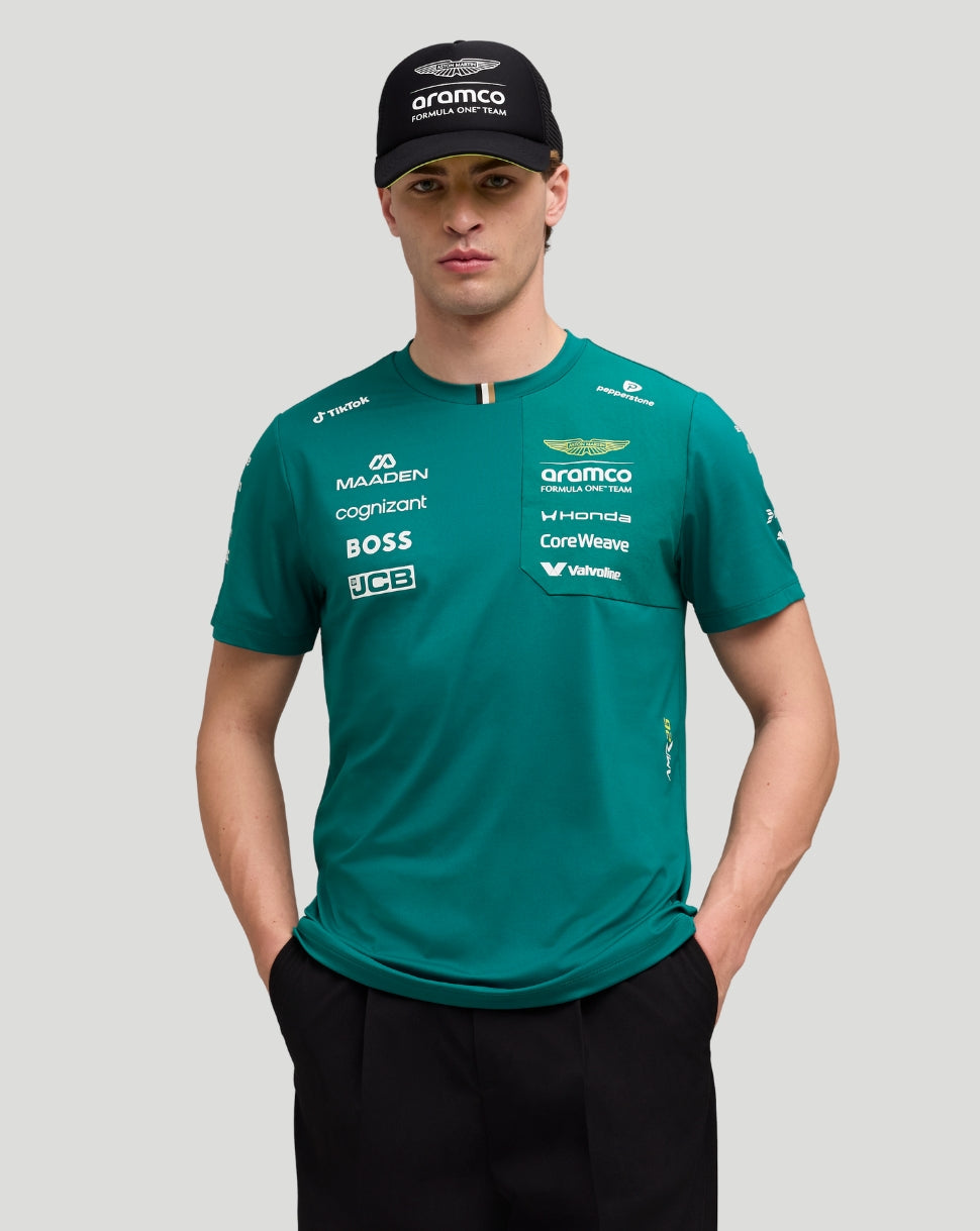 Green Aston Martin F1 Team T shirt with multiple sponsor logos across the chest