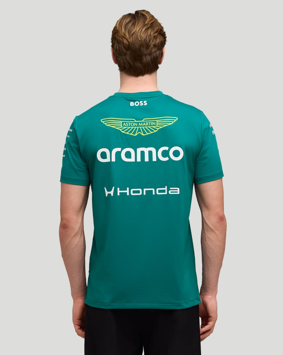 Back view of a person wearing a teal Aston Martin F1 Team T Shirt with the aramco logo and yellow wing emblem on the upper back
