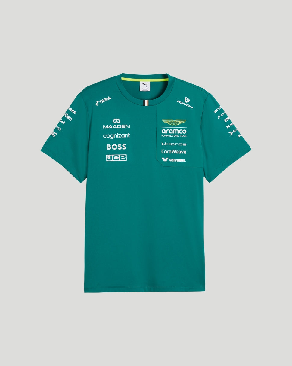 Front view of a teal Aston Martin F1 Team T Shirt laid flat with sponsor logos across the chest and a left chest pocket