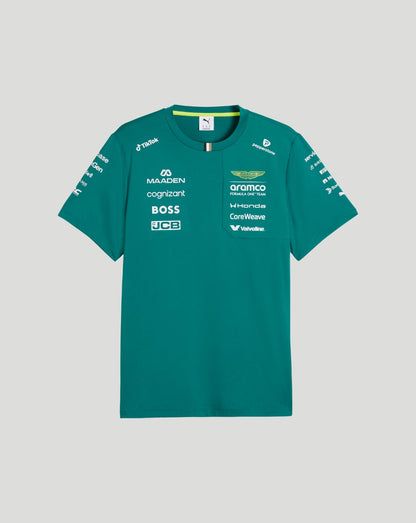 Front view of a teal Aston Martin F1 Team T Shirt laid flat with sponsor logos across the chest and a left chest pocket