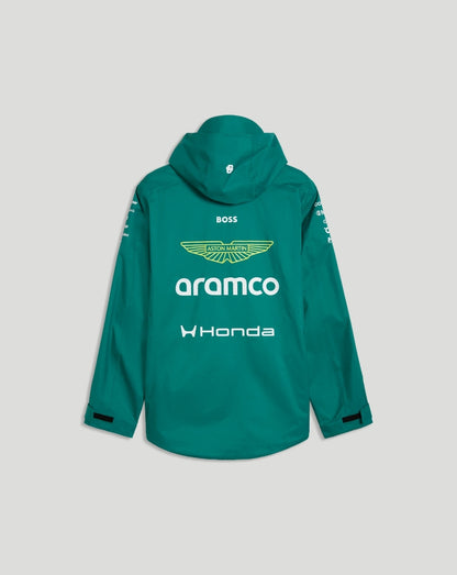 Back view of teal Aston Martin F1 Men's Team Rain Jacket with large sponsor graphics on the back