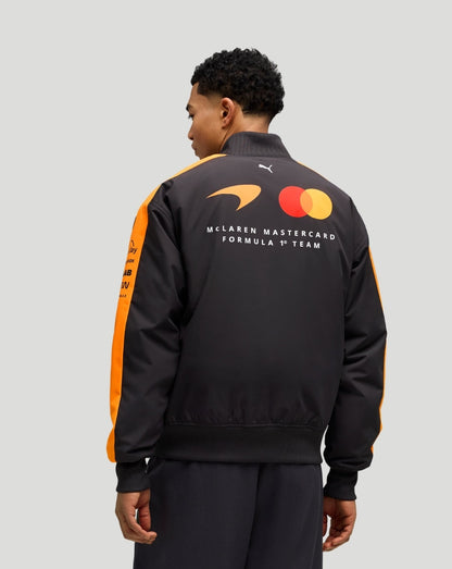 Back view of Papaya McLaren Team Bomber Jacket with orange shoulder panels and large back logos.
