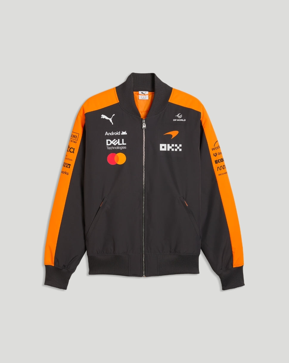 Front view of Papaya McLaren Team Bomber Jacket with orange sleeves and zip front pockets.