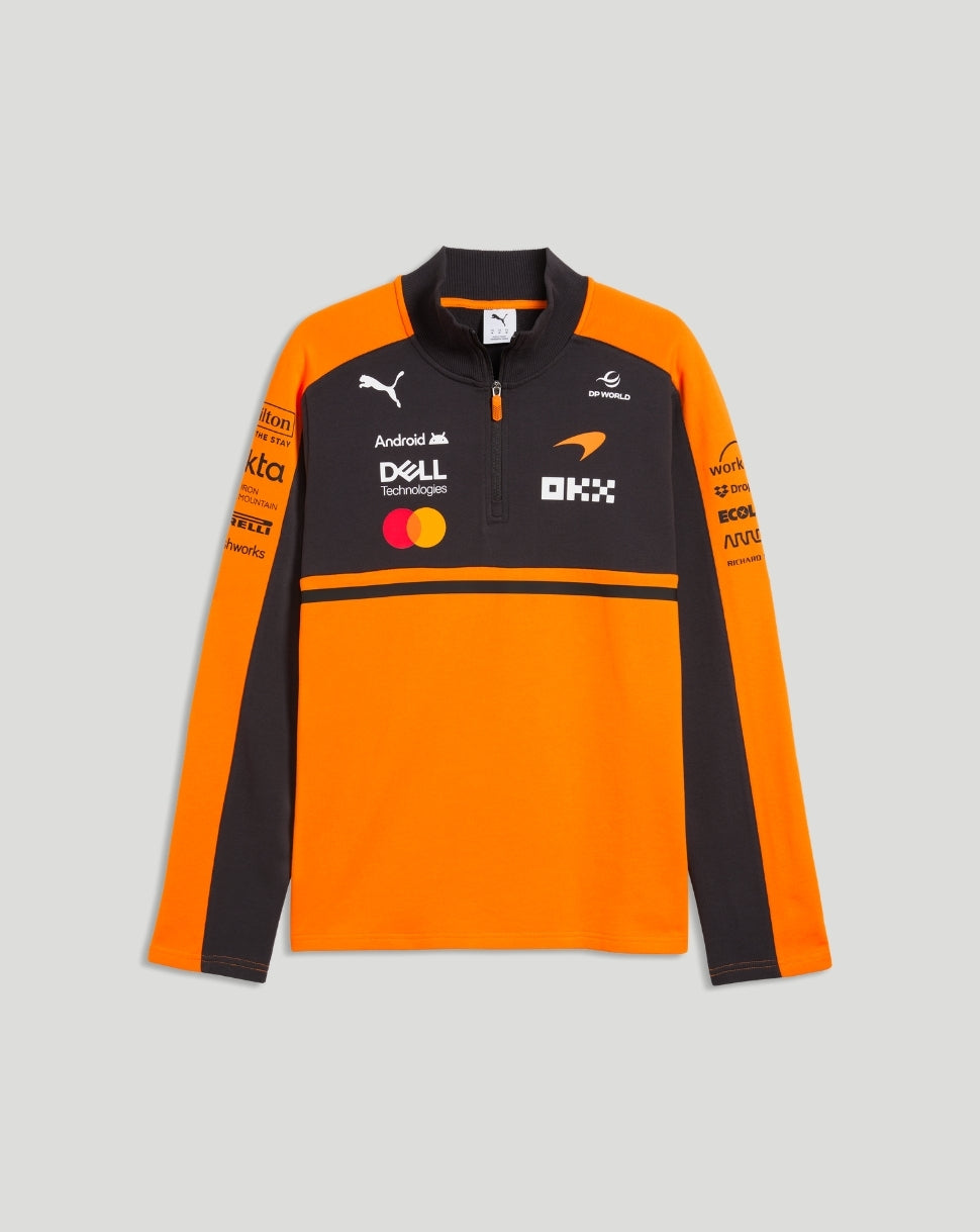 Papaya and black McLaren Team Half-Zip Sweatshirt front view with sponsor logos