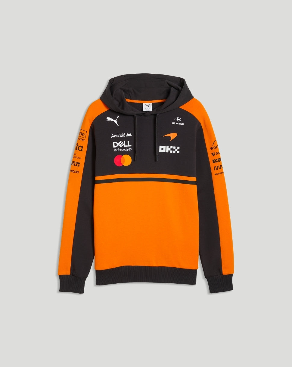 Back view of Papaya McLaren Team Hoodie in black and orange featuring the McLaren Mastercard Formula 1 Team logo and orange panels