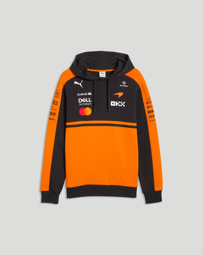 Back view of Papaya McLaren Team Hoodie in black and orange featuring the McLaren Mastercard Formula 1 Team logo and orange panels