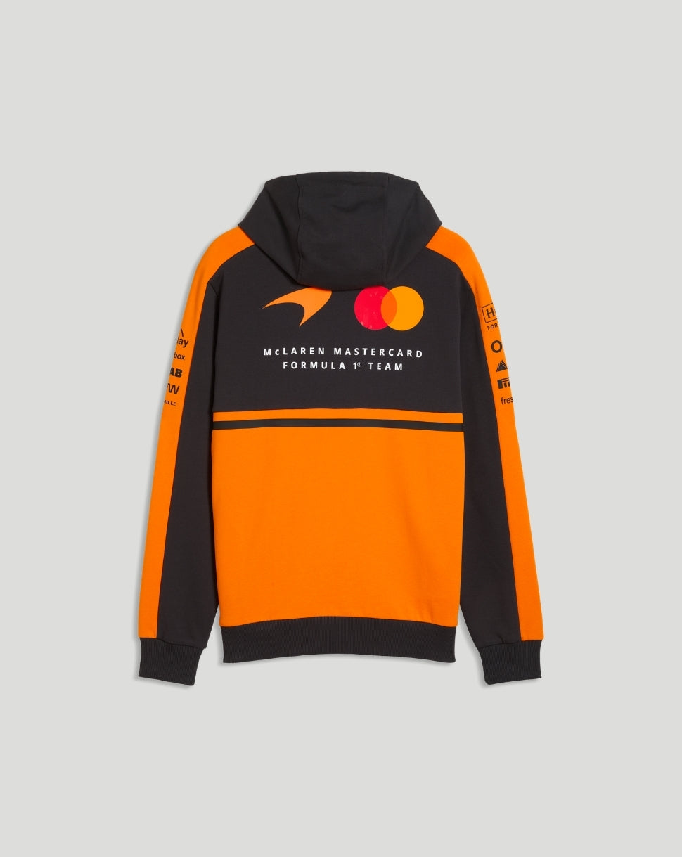 Front view of Papaya McLaren Team Hoodie with sponsor logos on the chest and orange sleeves