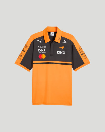 McLaren Team Polo shirt in papaya orange with a black chest panel and multiple sponsor logos on the front