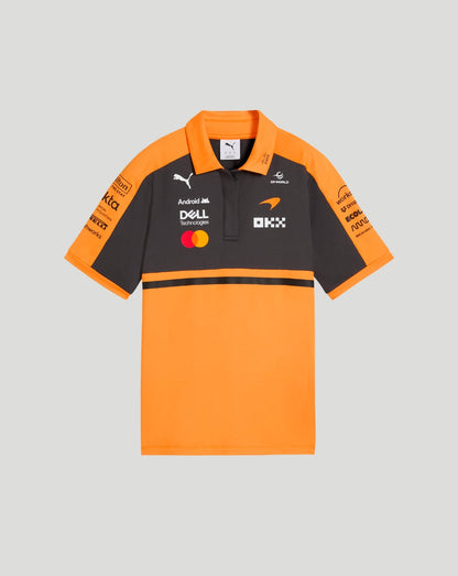 McLaren Women's Team Polo in Papaya with black chest panel and logos laid flat for display