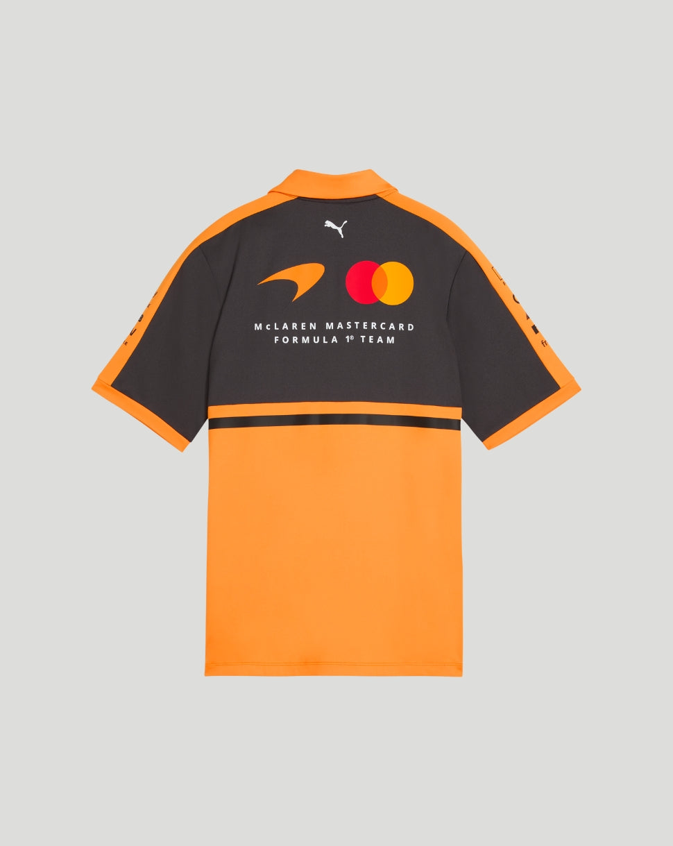 Back view of McLaren Women's Team Polo in papaya orange and black with Mastercard Formula 1 Team logos