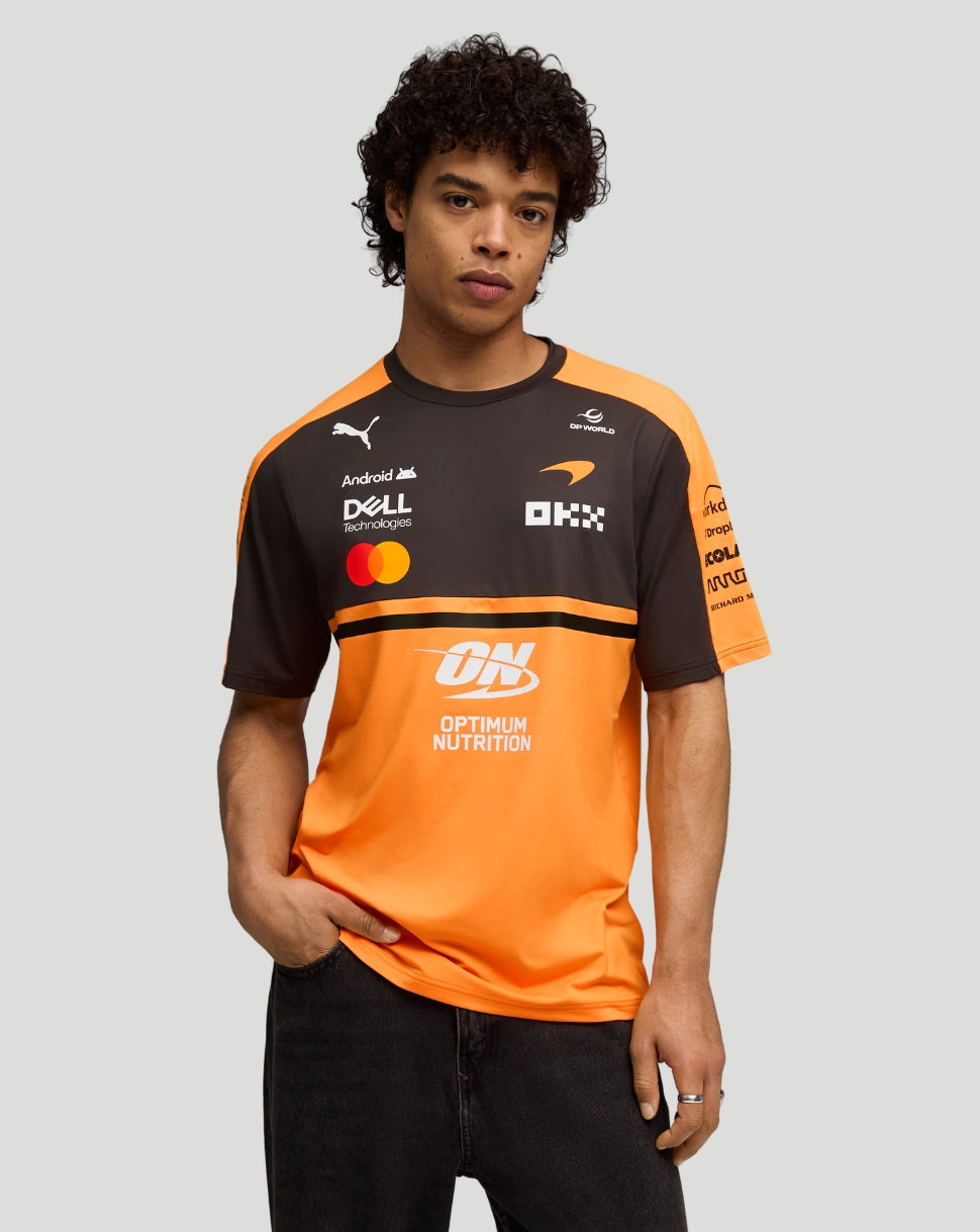 Front view of McLaren Team T-Shirt in Papaya with sponsor graphics across the chest.