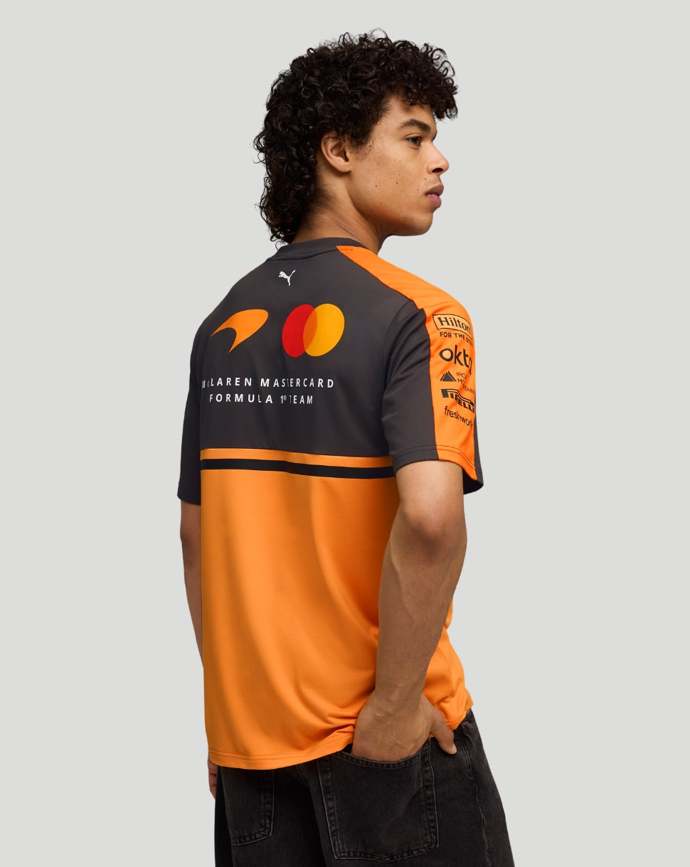 Back view of Papaya McLaren team T-shirt in orange and charcoal with Mastercard logo and team branding