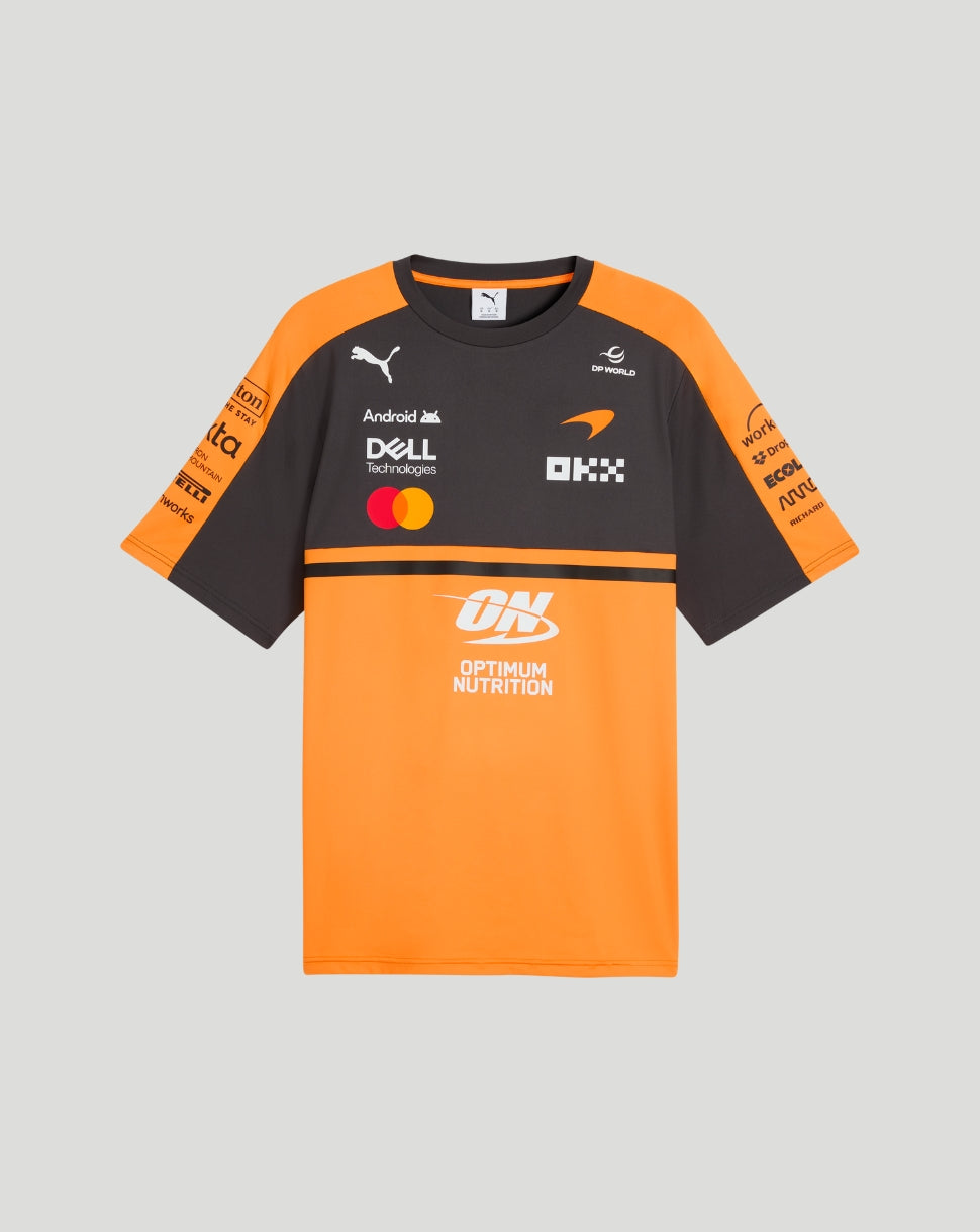 Front view of Papaya McLaren team T-shirt showing orange lower panel and dark upper section with sponsor logos