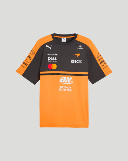 Front view of Papaya McLaren team T-shirt showing orange lower panel and dark upper section with sponsor logos
