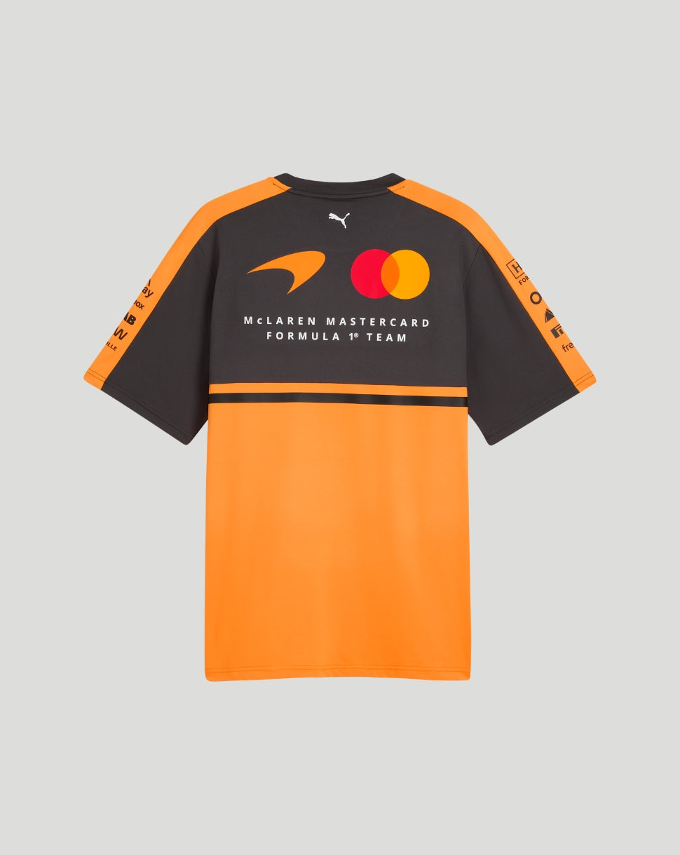 McLaren Mastercard Formula 1 Team T-shirt in papaya and charcoal, back view with team logo and orange sleeves
