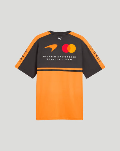 McLaren Mastercard Formula 1 Team T-shirt in papaya and charcoal, back view with team logo and orange sleeves