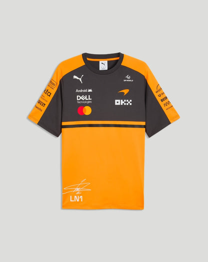 Front view of McLaren Team Norris T-Shirt in Papaya and charcoal with sponsor logos across chest and LN1 signature near the hem.