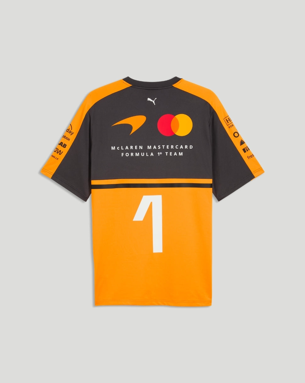 Back view of Papaya McLaren Team Norris T-Shirt with a large white number 1 on the orange lower panel and team logos on the upper back