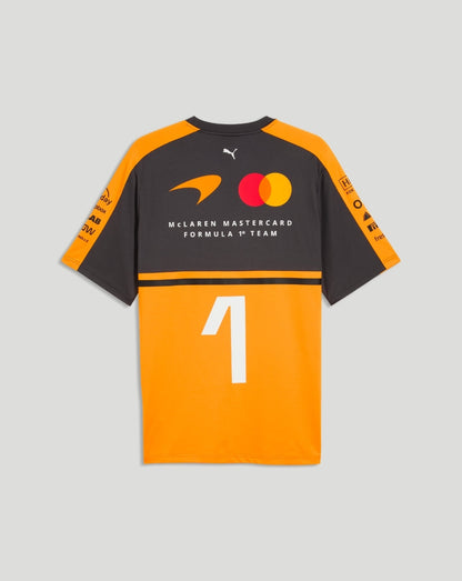 Back view of Papaya McLaren Team Norris T-Shirt with a large white number 1 on the orange lower panel and team logos on the upper back