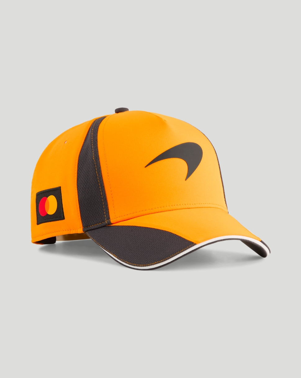 Papaya orange McLaren unisex team baseball cap with a black swoosh on the front and Mastercard logo patch on the side