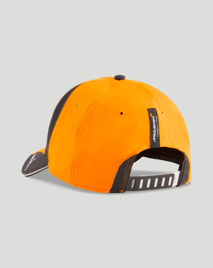 Orange McLaren unisex team baseball cap shown from rear with adjustable strap and McLaren label