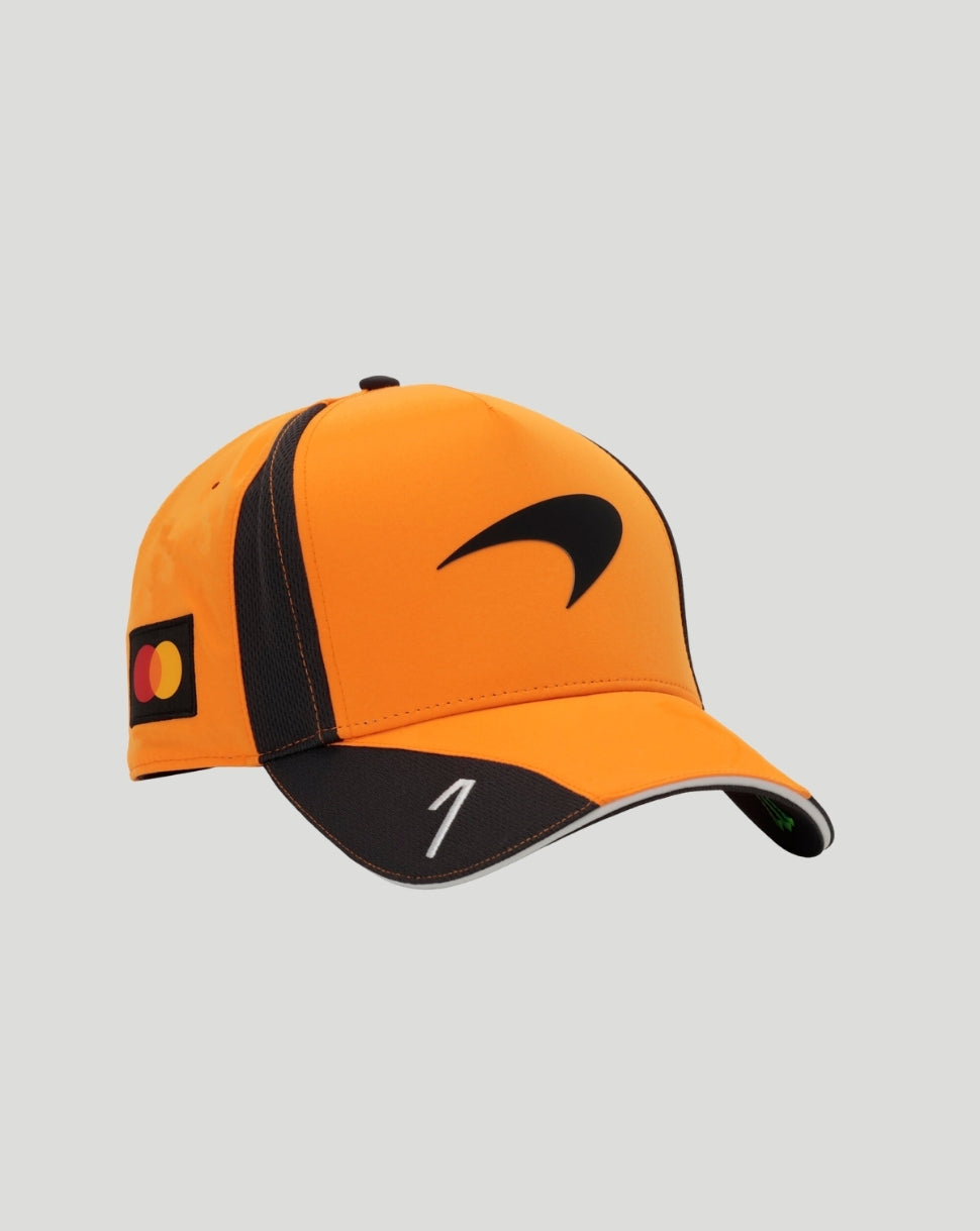 Orange Papaya McLaren cap with black side panels, curved brim, large front McLaren swoosh, and Mastercard patch on the side.