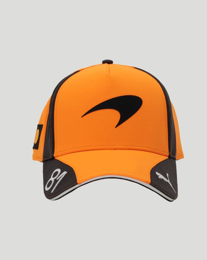 Front view of bright orange McLaren Team Piastri cap with curved black brim bold front emblem MasterCard patch on the side and 81 with Puma logo on the brim