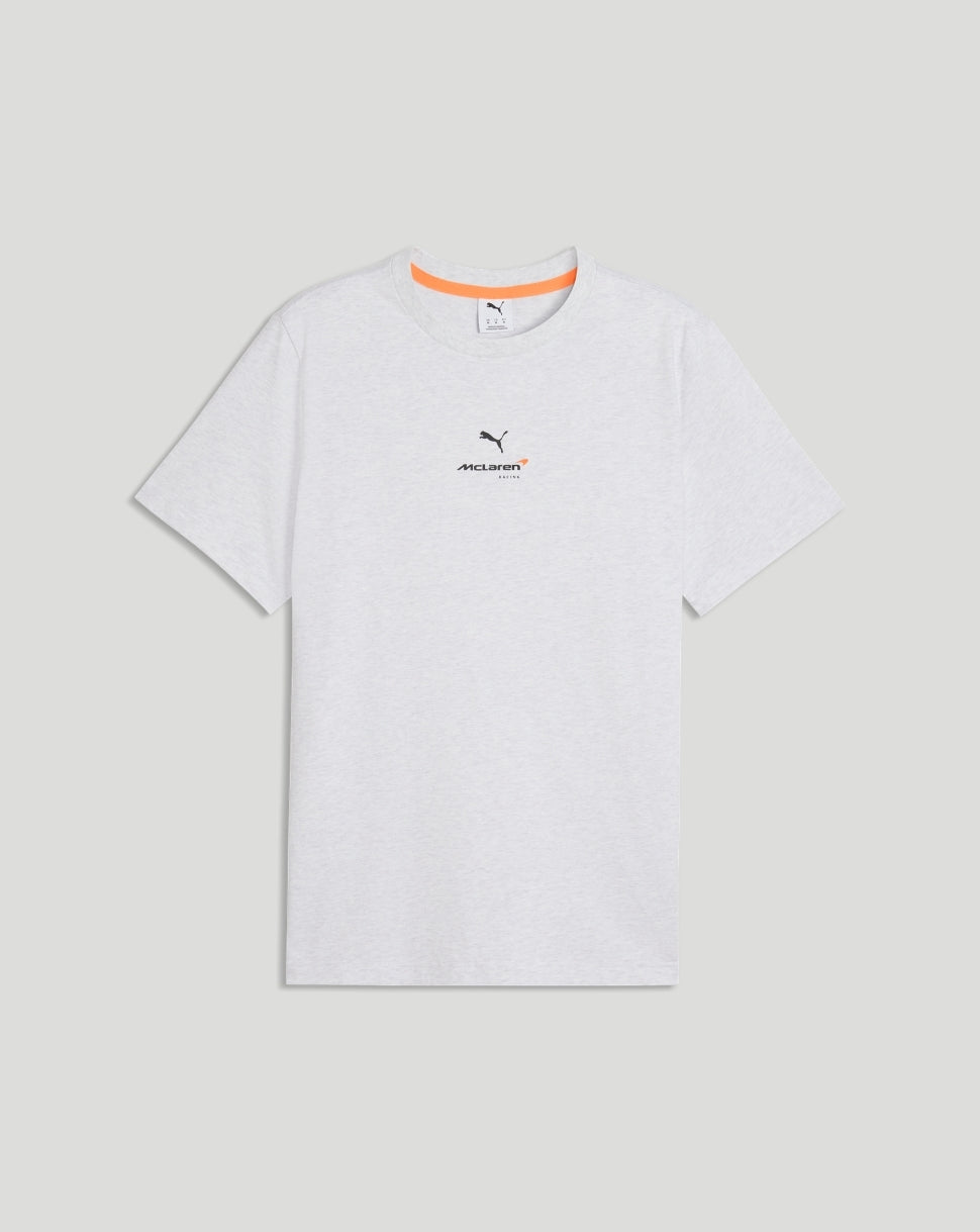 Front view of a white McLaren T Shirt featuring the McLaren Racing logo on the chest and an orange accent at the neckline.