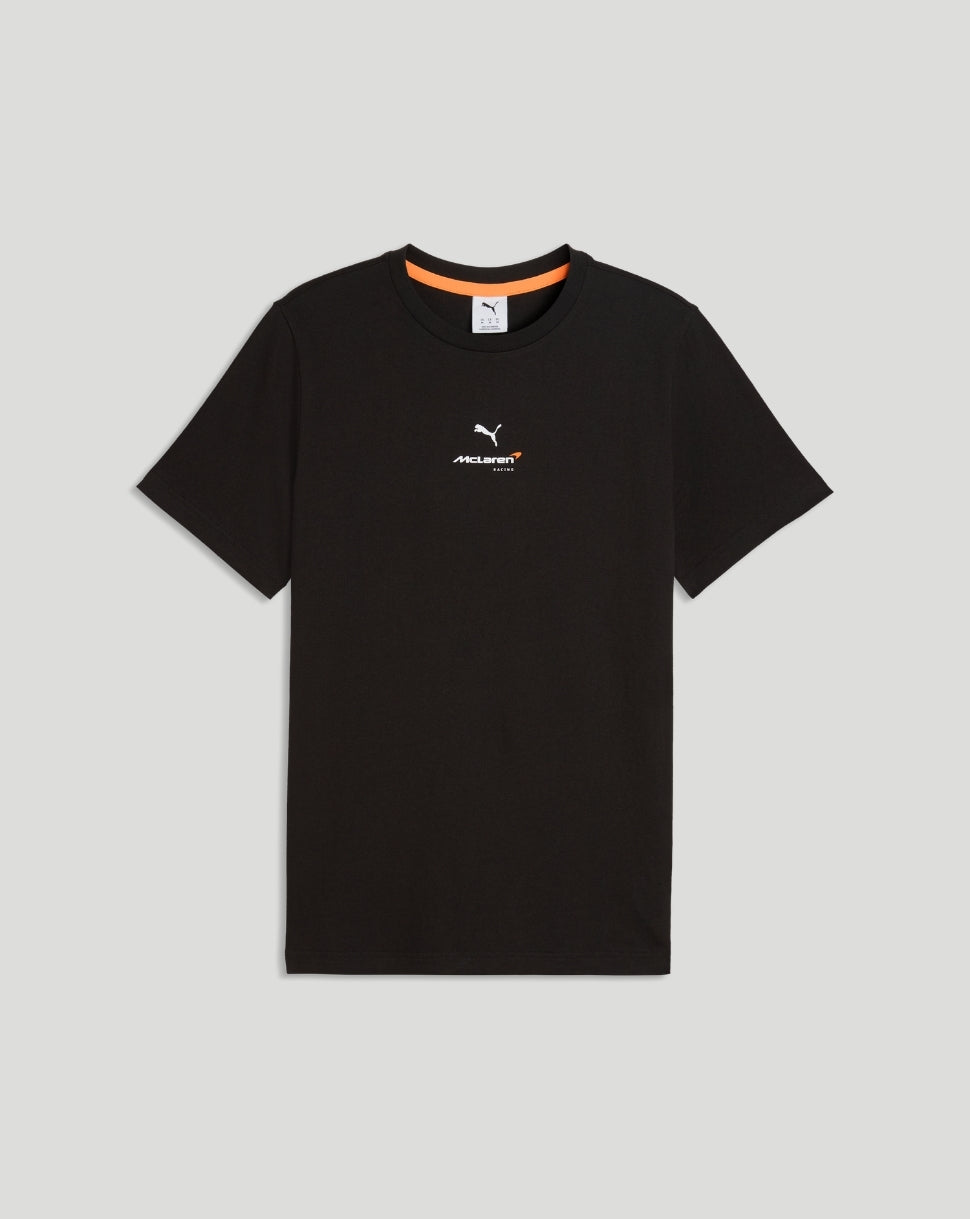 Black McLaren Racing T-shirt with a small chest logo and orange neckline trim.