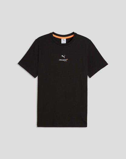 Black McLaren Racing T-shirt with a small chest logo and orange neckline trim.